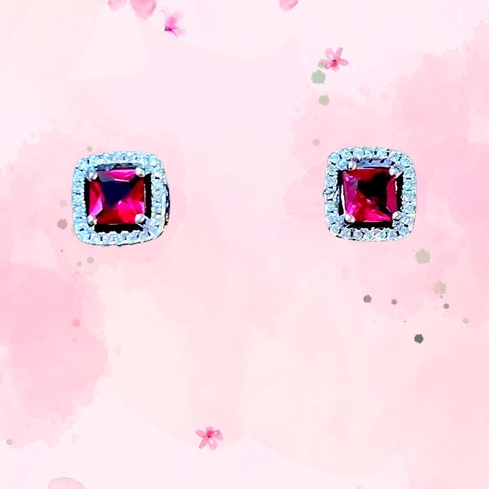 Elegant Vintage Sterling Silver Ruby Red Square Pierced Earrings